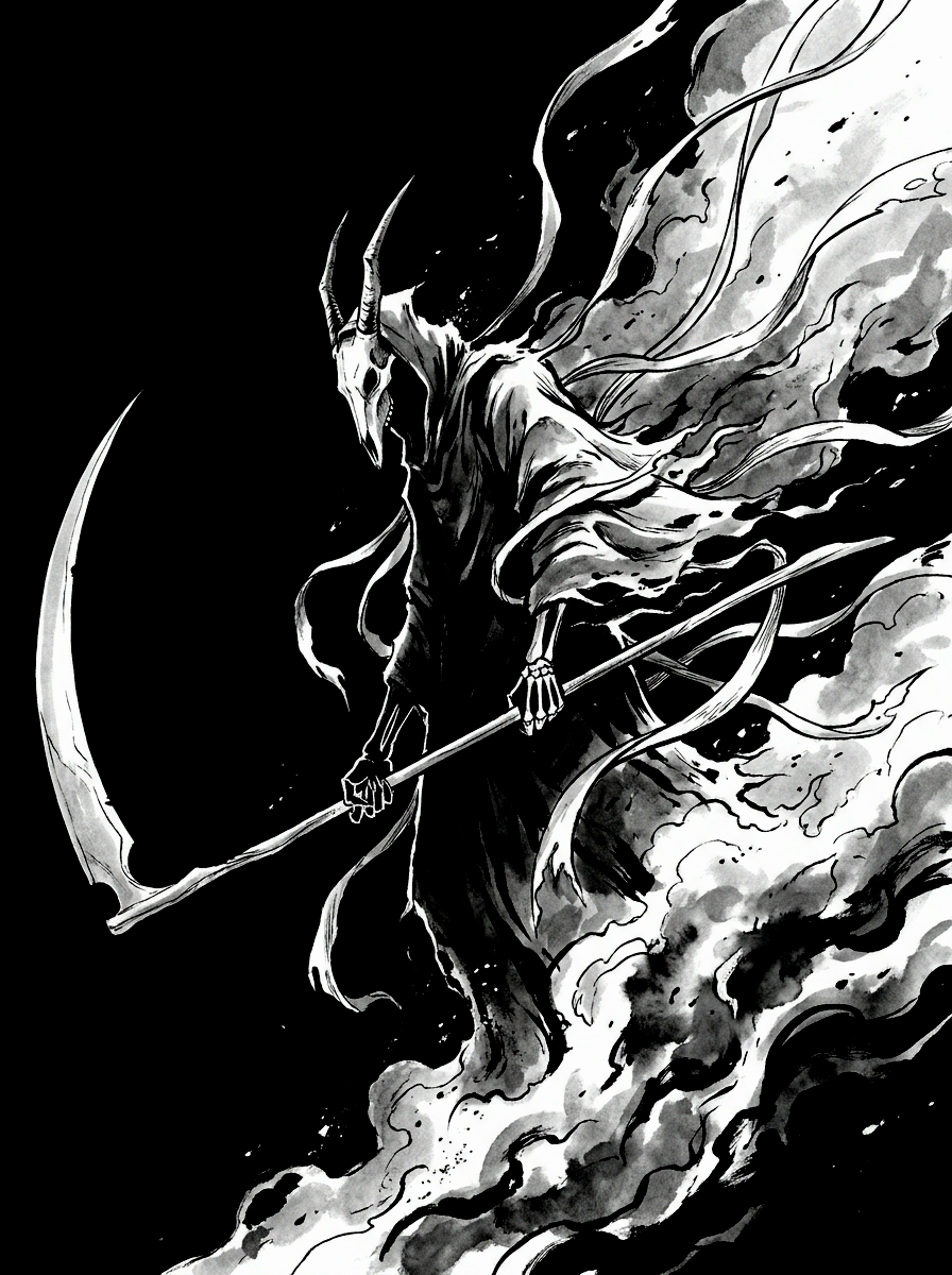 A horned reaper wreathed in smoke.